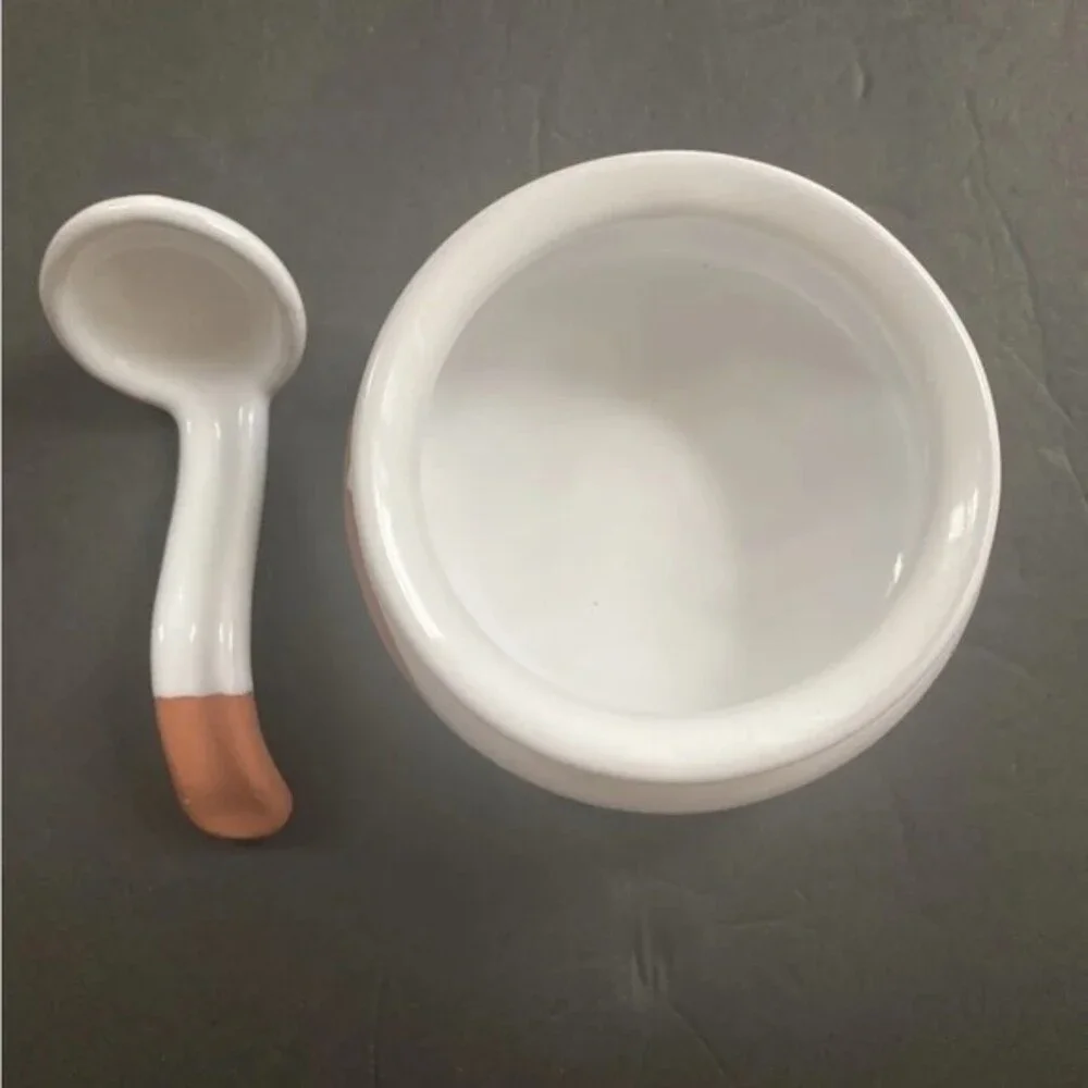 Terra Cotta Salsa Bowls with Spoon ladle White Brown Made in Portugal New No Box